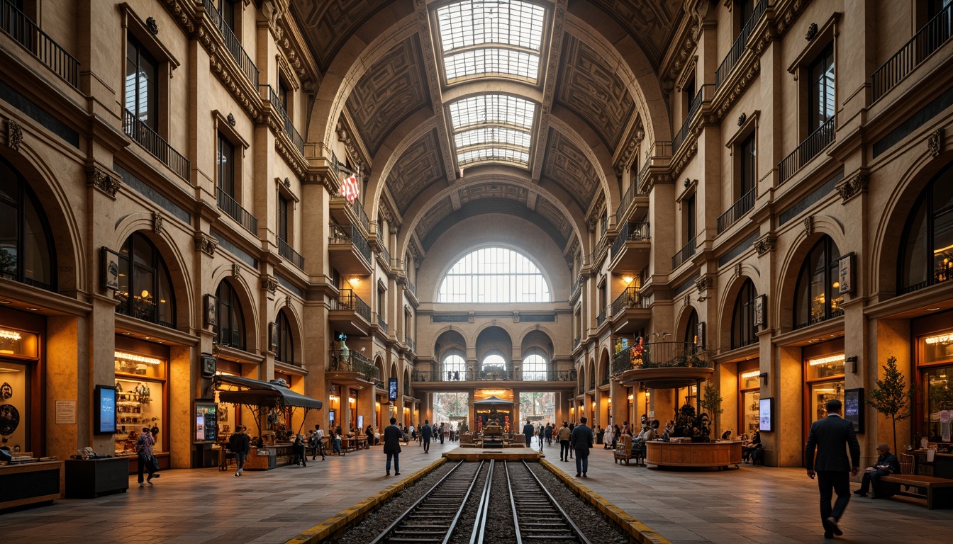 Prompt: Grand Renaissance-style train station, ornate facades, majestic arches, intricate stone carvings, elegant clock towers, sweeping staircases, luxurious chandeliers, refined metalwork, vintage luggage carts, historic rail tracks, nostalgic steam engines, warm golden lighting, soft afternoon sun, shallow depth of field, 1/2 composition, symmetrical framing, detailed textures, ambient occlusion.