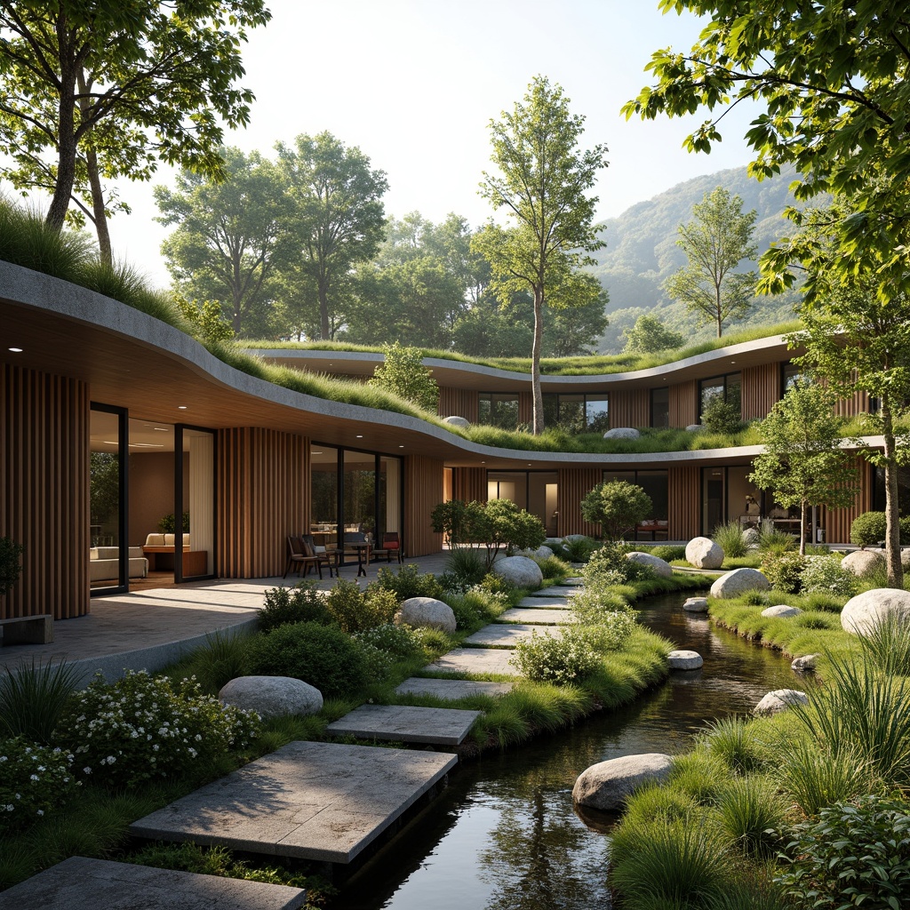 Prompt: Seamless natural integration, organic curves, lush green roofs, living walls, wooden accents, stone fa\u00e7ades, minimalist design, open floor plans, large windows, sliding glass doors, serene water features, small ponds, aquatic plants, native trees, wildflowers, meandering walkways, soft warm lighting, shallow depth of field, 3/4 composition, panoramic view, realistic textures, ambient occlusion.