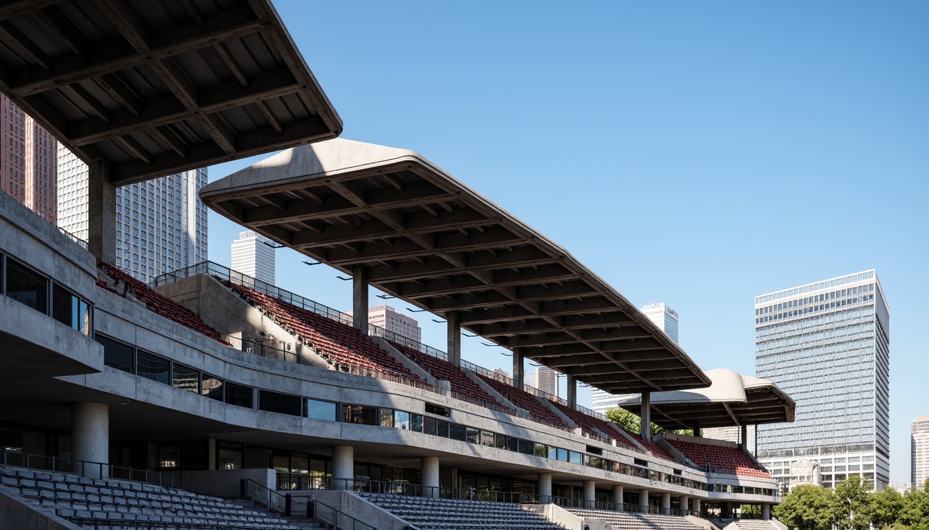 Prompt: Grandstand seating, curved cantilevered roofs, exposed steel beams, industrial-style lighting, concrete brutalist architecture, geometric patterned facades, dynamic angular lines, monumental scale, urban cityscape backdrop, clear blue sky, dramatic shadowing, high-contrast lighting, 3/4 composition, low-angle shot, realistic metallic textures, ambient occlusion.