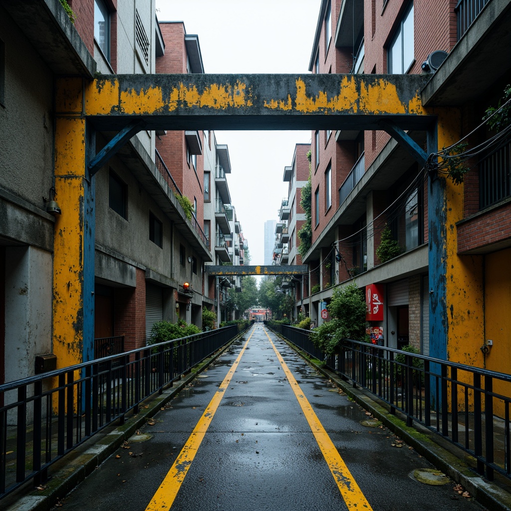 Prompt: Rustic pedestrian bridge, brutalist architecture, exposed concrete beams, rugged stone walls, industrial metal railings, vibrant yellow accents, bold blue undertones, earthy brown tones, moss-covered stonework, weathered steel cables, urban cityscape, busy street activity, dramatic shadow play, high-contrast lighting, atmospheric mist, cinematic composition, symmetrical framing, detailed textures, realistic materials.