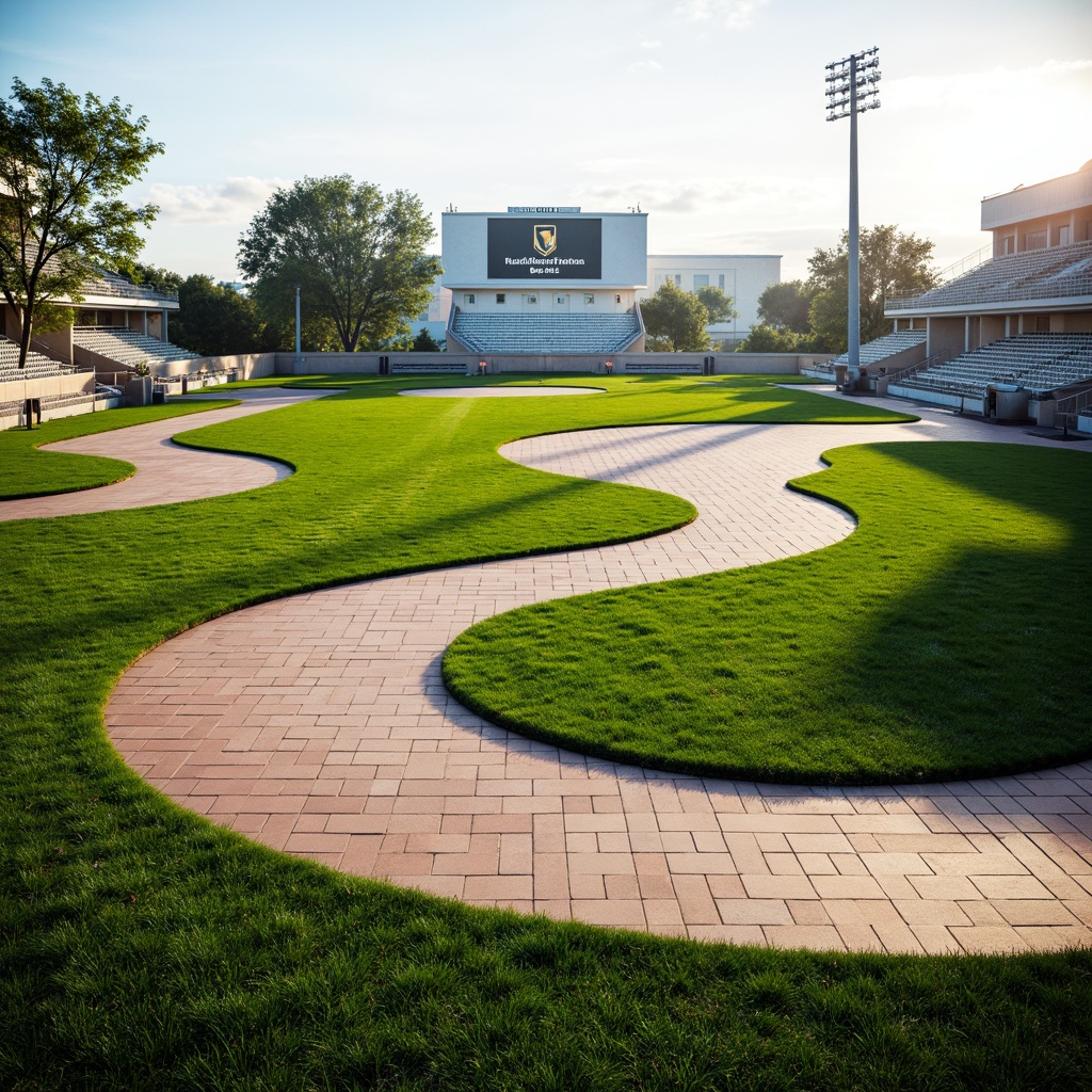 Prompt: Undulating sports tracks, dynamic curves, vibrant green grass, athletic equipment, stadium seating, scoreboard displays, sleek metal railings, modernist architecture, organic shapes, free-form lines, fluid motions, natural stone pathways, sun-kissed day, warm soft lighting, shallow depth of field, 3/4 composition, panoramic view, realistic textures, ambient occlusion.