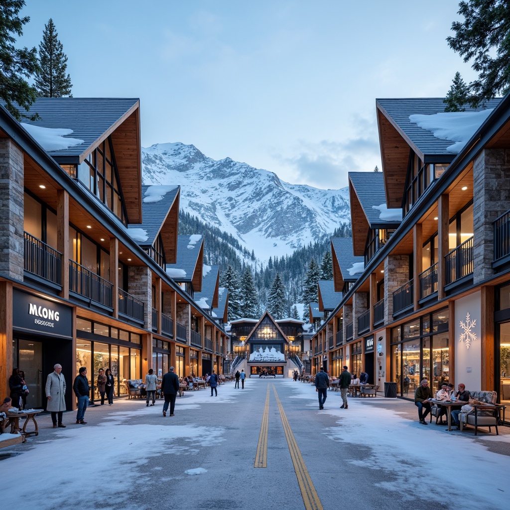 Prompt: Snow-capped mountains, frosty air, pine tree forest, modern ski center architecture, angular wooden beams, large windows, rustic stone walls, metal rooflines, elevated walkways, snowflake-inspired decorations, warm cozy fireplaces, plush furnishings, vibrant color schemes, functional signage, dynamic lighting systems, 3/4 composition, shallow depth of field, panoramic view, realistic textures, ambient occlusion.