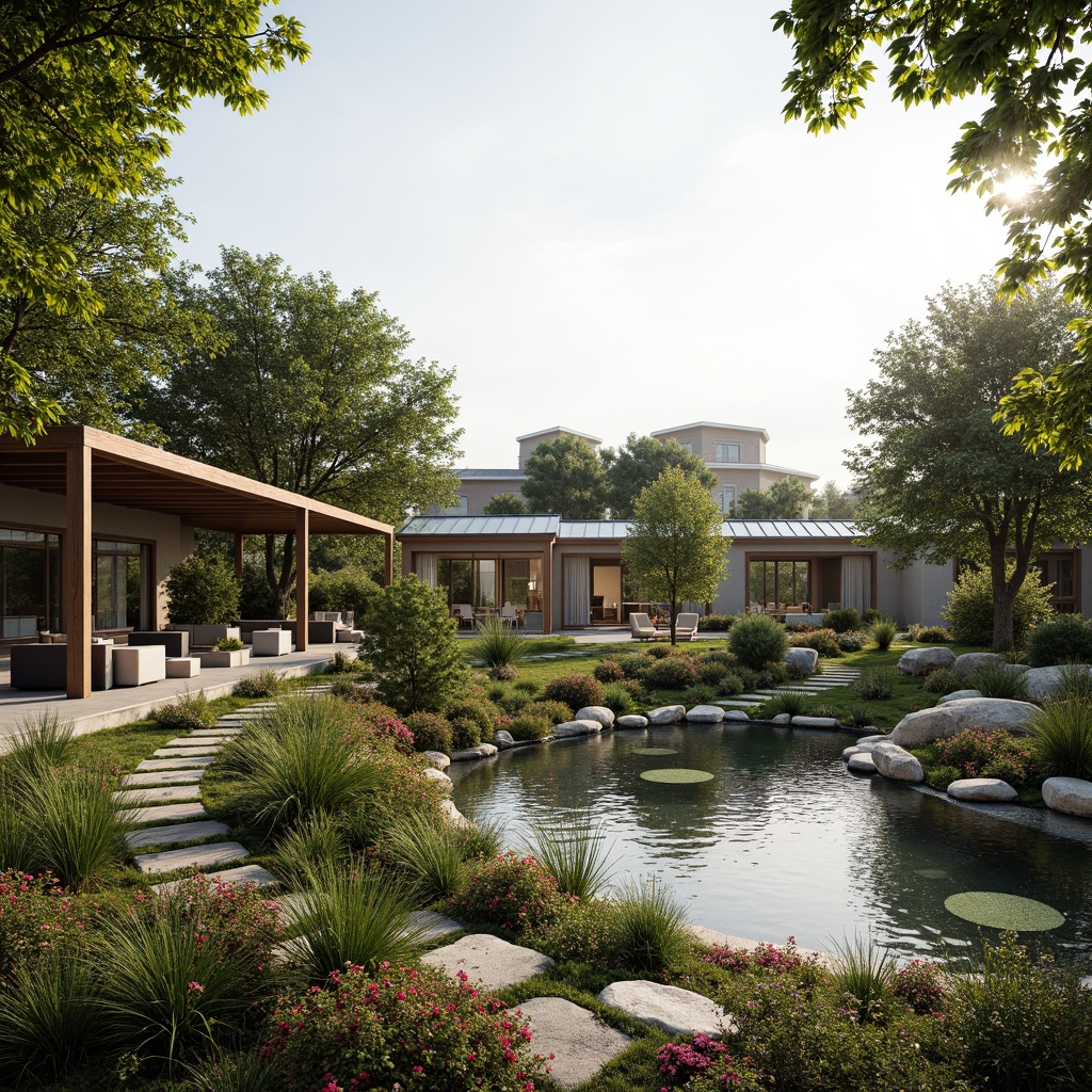 Prompt: Elegant pavilion, lush greenery, vibrant flowers, natural stone pathways, serene water features, tranquil ponds, walking trails, outdoor seating areas, shaded structures, wooden accents, modern minimalist design, sleek lines, glass roofs, abundant natural light, warm ambient lighting, shallow depth of field, 3/4 composition, panoramic view, realistic textures, ambient occlusion.