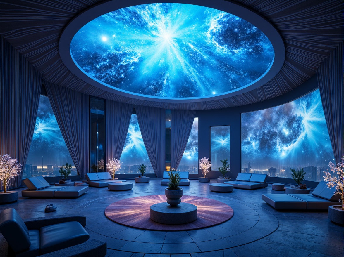 Prompt: Galactic planetarium interior, futuristic metabolism aesthetic, iridescent dome ceiling, nebula-inspired color scheme, glowing blue accents, undulating walls, organic shapes, bioluminescent lighting, holographic projections, virtual reality interfaces, minimalist seating areas, levitating furniture, transparent floors, celestial body-patterned rugs, immersive audio systems, 360-degree visualizations, ambient atmospheric soundscapes, soft misting effects, panoramic vistas, avant-garde architecture.