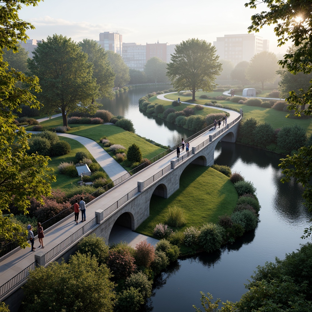 Prompt: Scenic bridge, winding waterways, lush greenery, vibrant flowers, natural stone piers, steel arches, modern architecture, gentle slope approaches, pedestrian walkways, cyclist lanes, safety railings, ornamental lighting, misty morning atmosphere, soft warm glow, shallow depth of field, 3/4 composition, panoramic view, realistic textures, ambient occlusion.