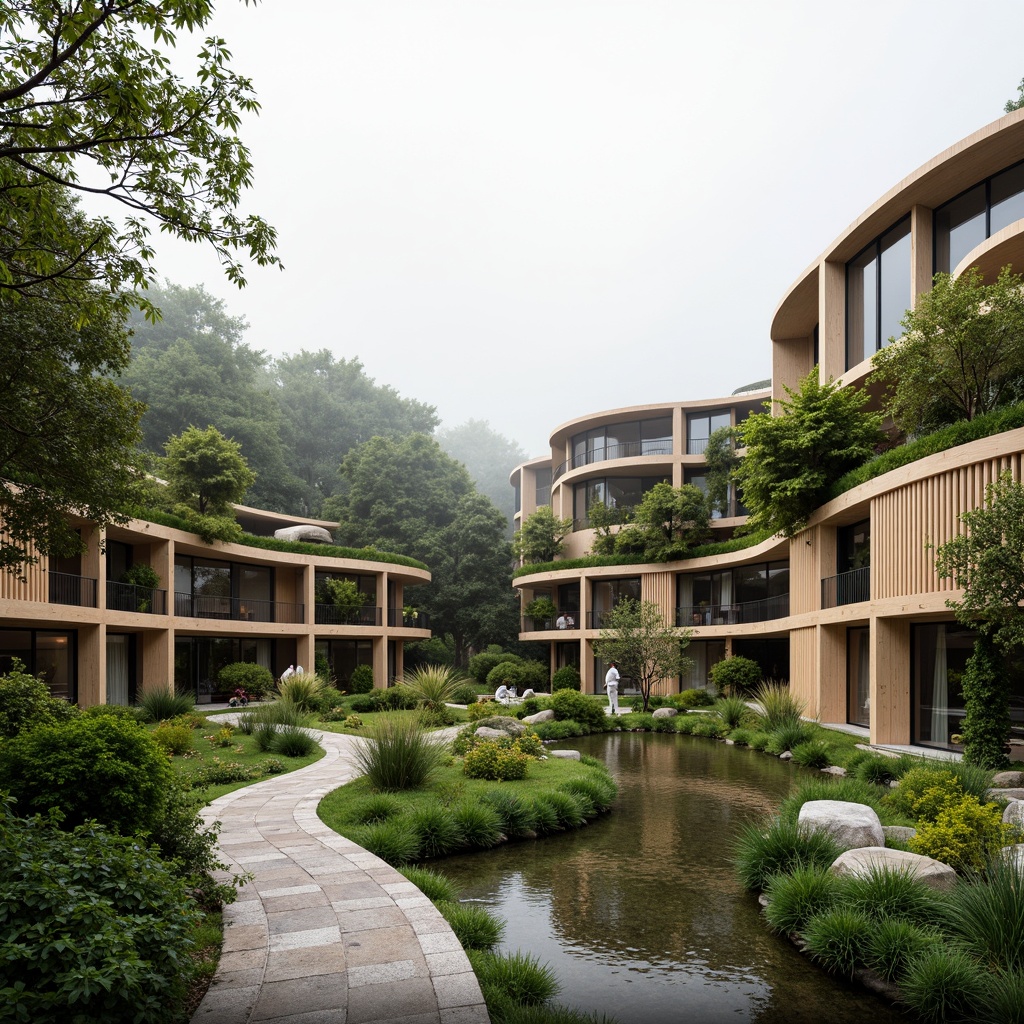 Prompt: Harmonious landscape integration, curved architecture, organic forms, lush green roofs, living walls, natural stone facades, wooden accents, minimalist design, seamless transitions, meandering walkways, native plant species, serene water features, misty atmosphere, soft warm lighting, shallow depth of field, 3/4 composition, panoramic view, realistic textures, ambient occlusion.