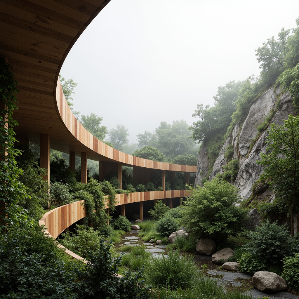 Prompt: Sweeping curves, organic forms, lush greenery, native plants, natural stone walls, wooden accents, earthy tones, seamless transitions, blurred boundaries, eco-friendly materials, sustainable design, minimalist architecture, cantilevered structures, panoramic views, misty atmosphere, soft diffused lighting, shallow depth of field, 2/3 composition, realistic textures, ambient occlusion.