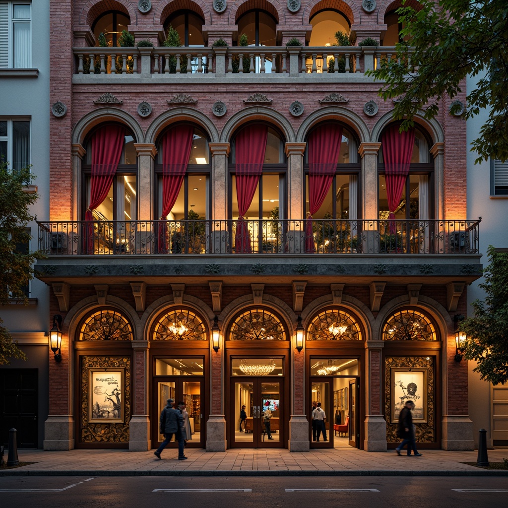 Prompt: Ornate cinema building, Romanesque facade, intricately carved stonework, grand archways, ornamental columns, vibrant red brick, decorative tile mosaics, stunning stained glass windows, majestic entrance doors, opulent chandeliers, luxurious velvet drapes, cinematic posters, nostalgic film cameras, golden lighting fixtures, warm atmospheric glow, shallow depth of field, 1/2 composition, dramatic low-angle shot, realistic textures, ambient occlusion.