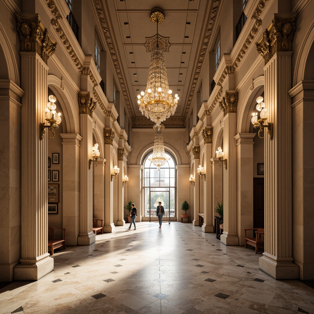 Prompt: Grandiose banking hall, majestic columns, ornate Corinthian capitals, intricately carved marble, polished granite flooring, vaulted ceiling, elegant chandeliers, symmetrical composition, dramatic natural light, warm beige tones, subtle shading, soft focus effect, 1/2 composition, classical proportions, refined textures, ambient occlusion.