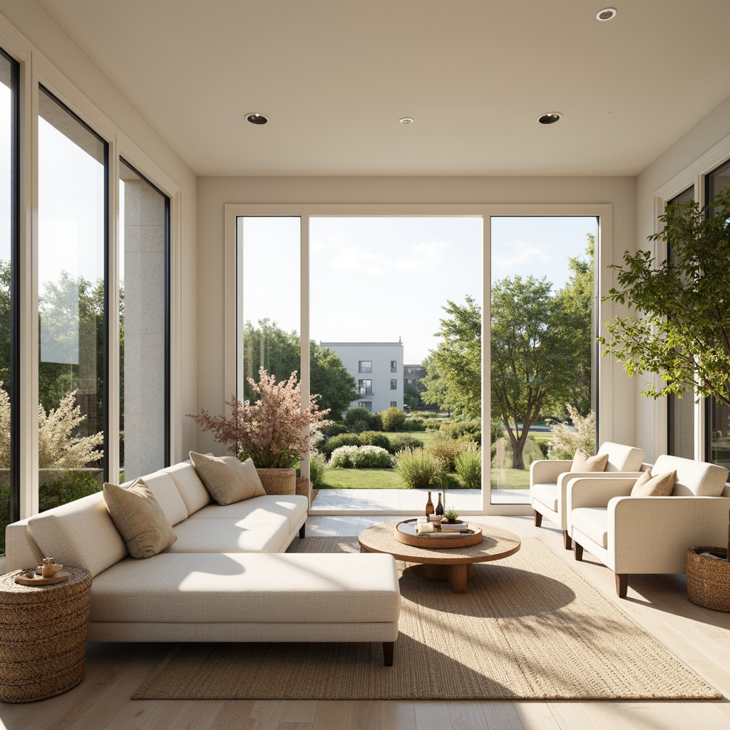 Prompt: Bright airy living room, large windows, sliding glass doors, minimal obstruction, reflective surfaces, light-colored walls, creamy white furniture, natural textiles, woven baskets, greenery, potted plants, blooming flowers, warm beige tones, soft diffused lighting, shallow depth of field, 1/1 composition, realistic rendering, ambient occlusion, cozy reading nook, comfortable seating area.