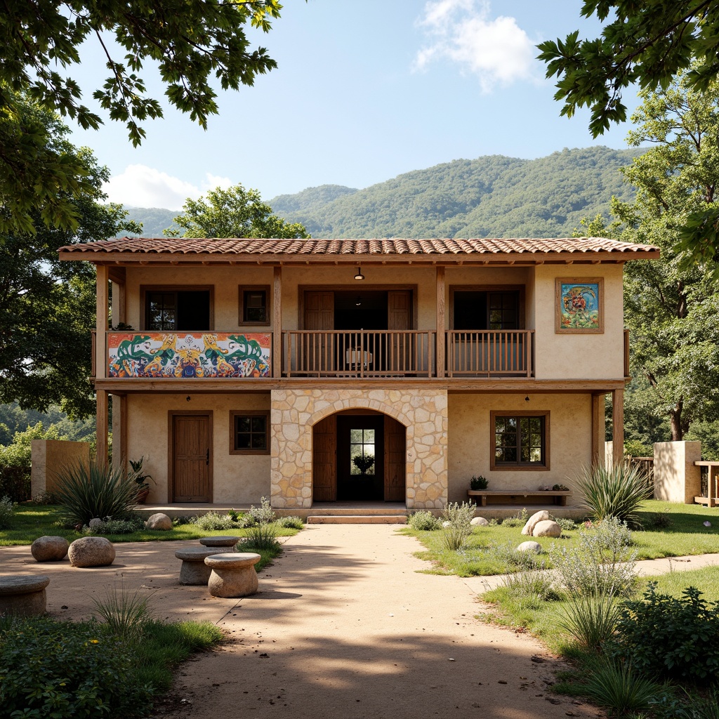 Prompt: Rustic elementary school, earthy tones, natural materials, wooden accents, stone walls, clay roof tiles, vibrant murals, regional patterns, cultural symbols, traditional architectural details, lush greenery, native plants, playground equipment, educational signs, warm sunny day, soft diffused lighting, 1/2 composition, symmetrical balance, realistic textures, ambient occlusion.