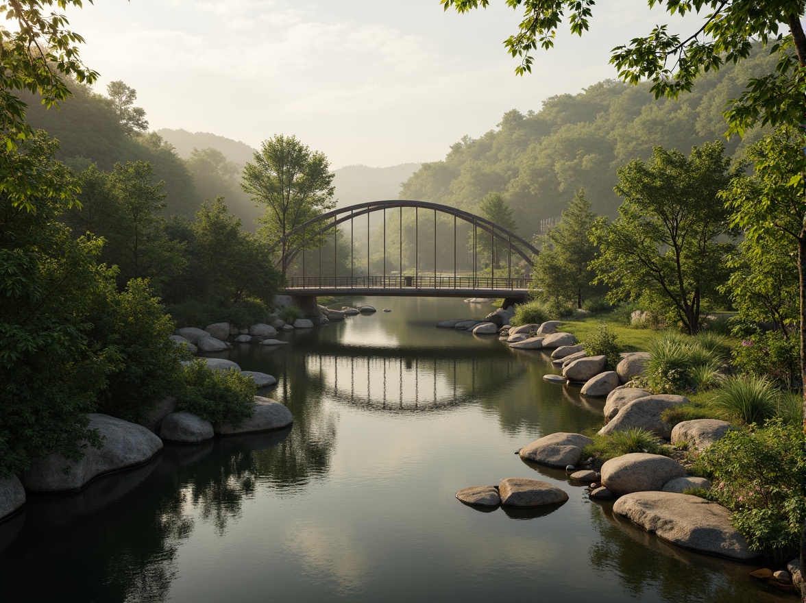 Prompt: Scenic bridge, winding waterway, lush green vegetation, natural stone piers, wooden railings, steel arches, suspension cables, gentle curves, harmonious integration, serene surroundings, misty morning, soft warm lighting, shallow depth of field, 1/1 composition, panoramic view, realistic textures, ambient occlusion.