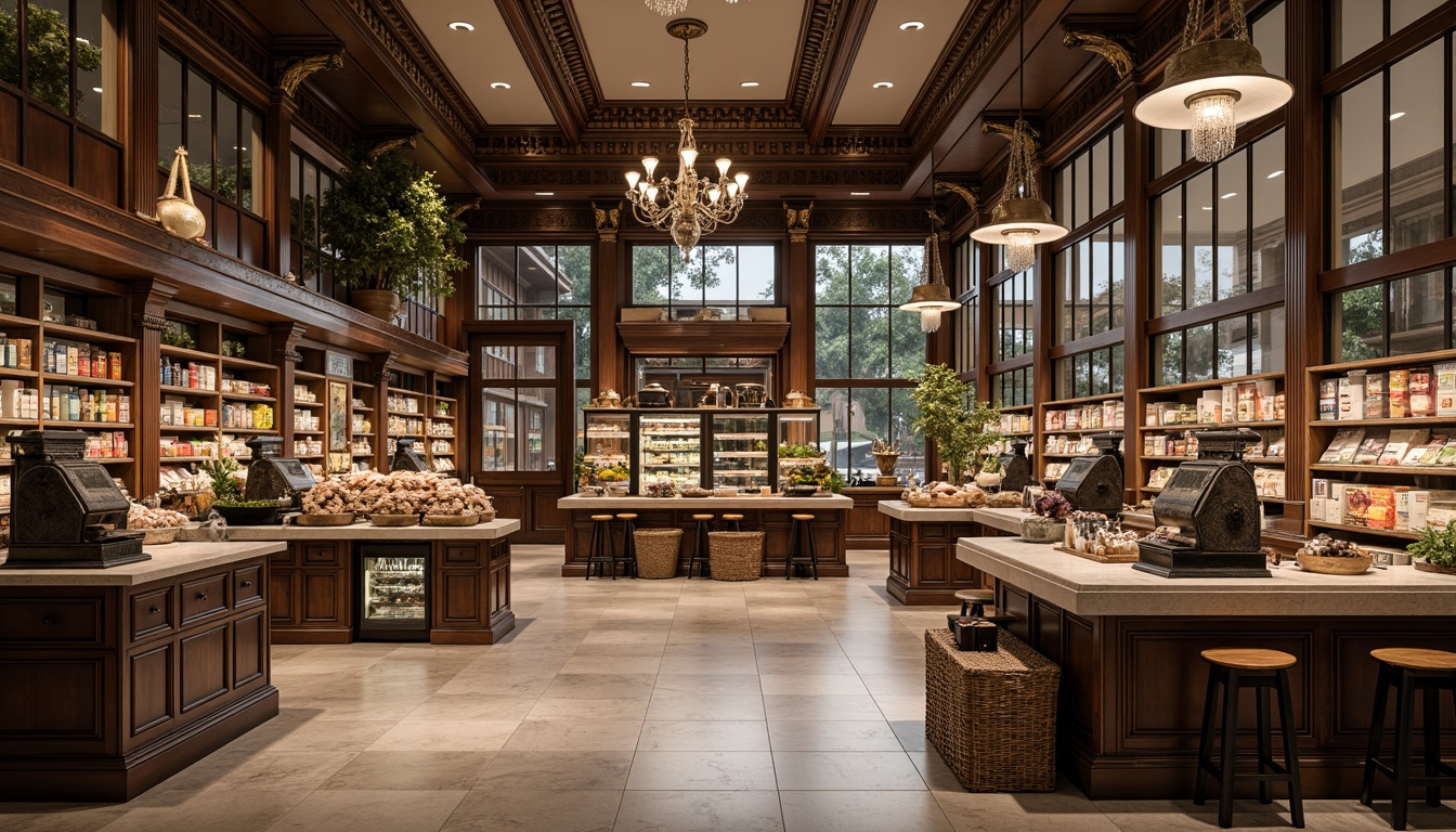 Prompt: Elegant grocery store interior, high ceilings, ornate moldings, polished marble floors, granite countertops, wooden shelves, intricate carvings, crystal chandeliers, vintage cash registers, antique display cases, rustic wooden crates, woven wicker baskets, soft warm lighting, subtle shadows, 1/2 composition, realistic textures, ambient occlusion.