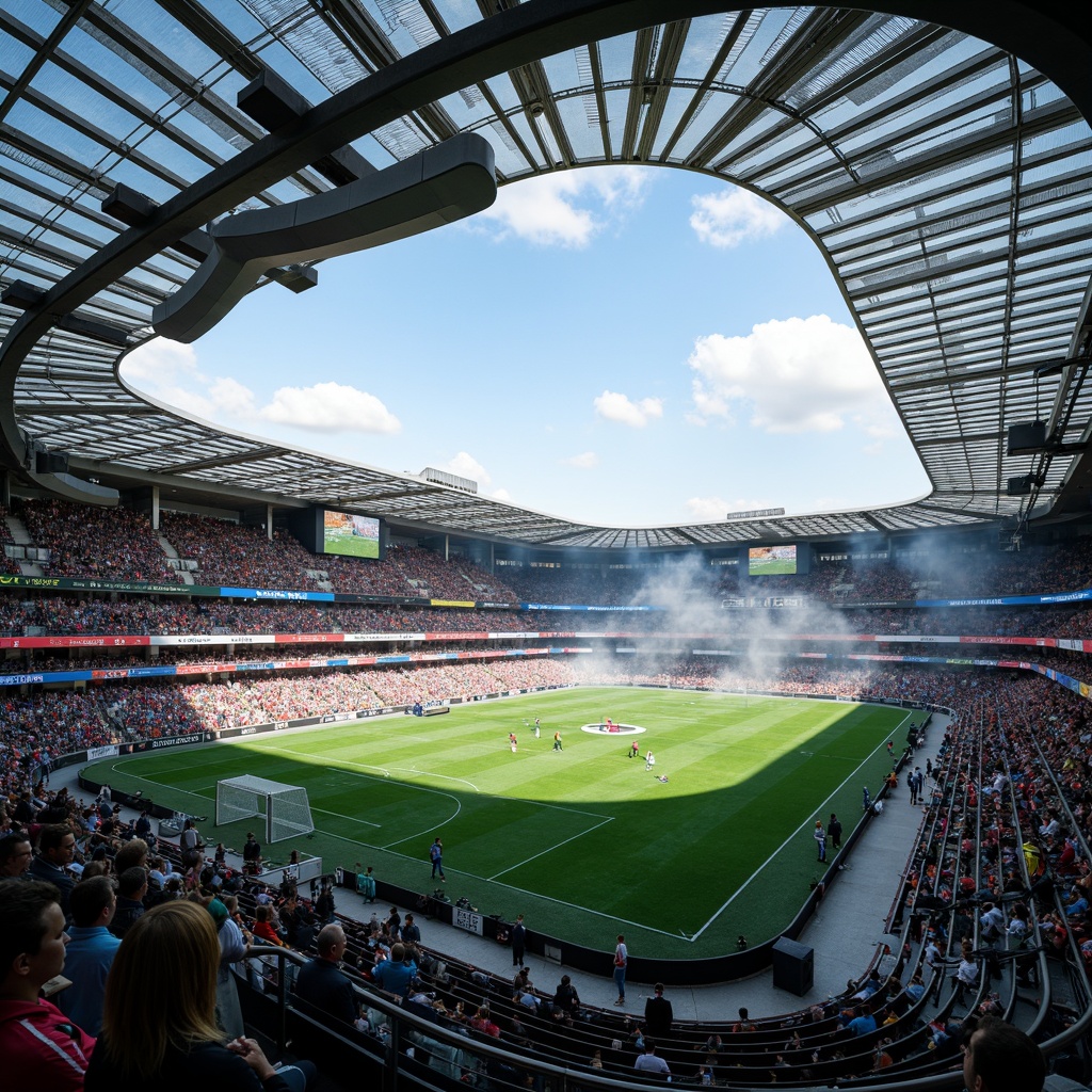 Prompt: Futuristic soccer stadium, curved rooflines, cantilevered canopies, dynamic LED lighting, translucent polycarbonate panels, sleek metal beams, open-air grandstands, lush green grass, vibrant team colors, modern scoreboard displays, atmospheric misting systems, shallow depth of field, 1/1 composition, panoramic view, realistic textures, ambient occlusion.