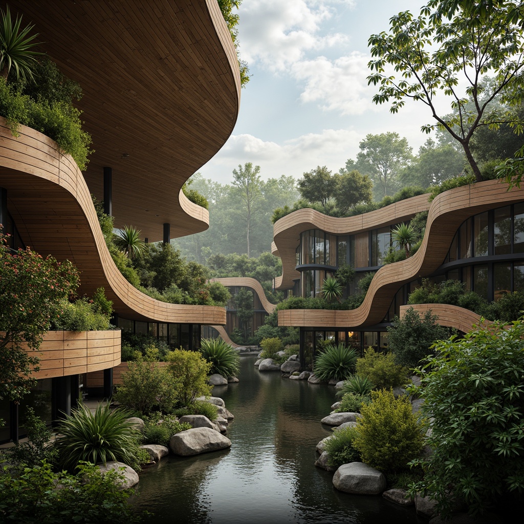 Prompt: Wavy lines, fluid curves, irregular shapes, natural materials, reclaimed wood, living walls, green roofs, botanical gardens, organic forms, futuristic architecture, undulating structures, dynamic lighting, soft shadows, ambient occlusion, misty atmosphere, serene ambiance, 1/1 composition, macro photography, detailed textures, atmospheric perspective.