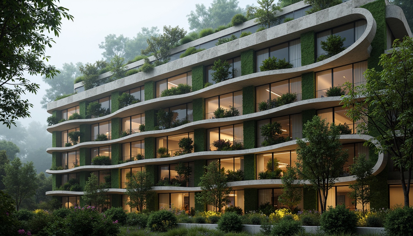 Prompt: Organic building facade, undulating curves, botanical patterns, leaf-inspired ornamentation, natural stone materials, earthy color palette, vibrant green walls, living roofs, verdant terraces, bioluminescent lighting, misty atmosphere, shallow depth of field, 1/2 composition, soft warm glow, realistic textures, ambient occlusion.