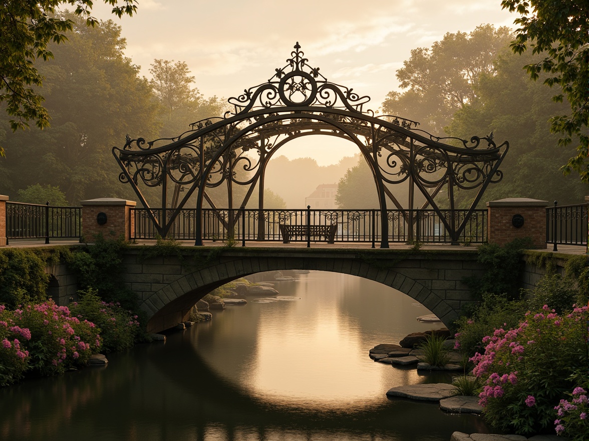 Prompt: Intricate iron bridges, flowing organic lines, ornate metalwork, sinuous curves, naturalistic motifs, botanical-inspired railings, grand arches, symmetrical compositions, warm golden lighting, misty atmospheric effects, soft focus blur, 1/1 composition, romantic mood, nostalgic atmosphere, rustic stone piers, moss-covered abutments, serene river views, lush greenery, vibrant flowers.Let me know if this meets your requirements!