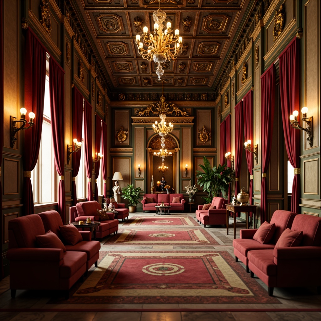 Prompt: Elegant palace, ornate furnishings, rich velvet drapes, golden accents, intricately carved wood, lavish chandeliers, Baroque-style architecture, warm candlelight, soft focus, 1/2 composition, shallow depth of field, warm earthy tones, deep crimson reds, luxurious emerald greens, opulent gold leafing, subtle texture overlays, atmospheric perspective.