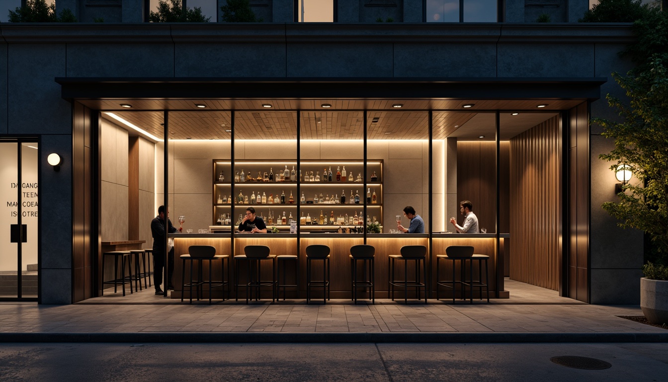 Prompt: Minimalist bar facade, sleek metal frames, floor-to-ceiling glass windows, subtle LED lighting, neutral color palette, polished concrete walls, industrial-chic decor, geometric patterns, minimalist signage, urban cityscape, night scene, soft warm glow, shallow depth of field, 1/1 composition, realistic textures, ambient occlusion.