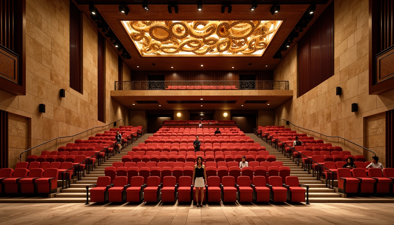 Prompt: Luxurious auditorium interior, rich wood grain texture, velvety soft seats, polished metal handrails, intricate carvings, opulent chandeliers, grand staircases, warm beige stone walls, plush red carpeting, dramatic spotlights, comfortable cushioned chairs, sleek modern architecture, angular lines, minimalist design, sound-absorbing acoustic panels, elegant marble floors, sophisticated ambiance, warm golden lighting, 1/1 composition, realistic reflections, ambient occlusion.