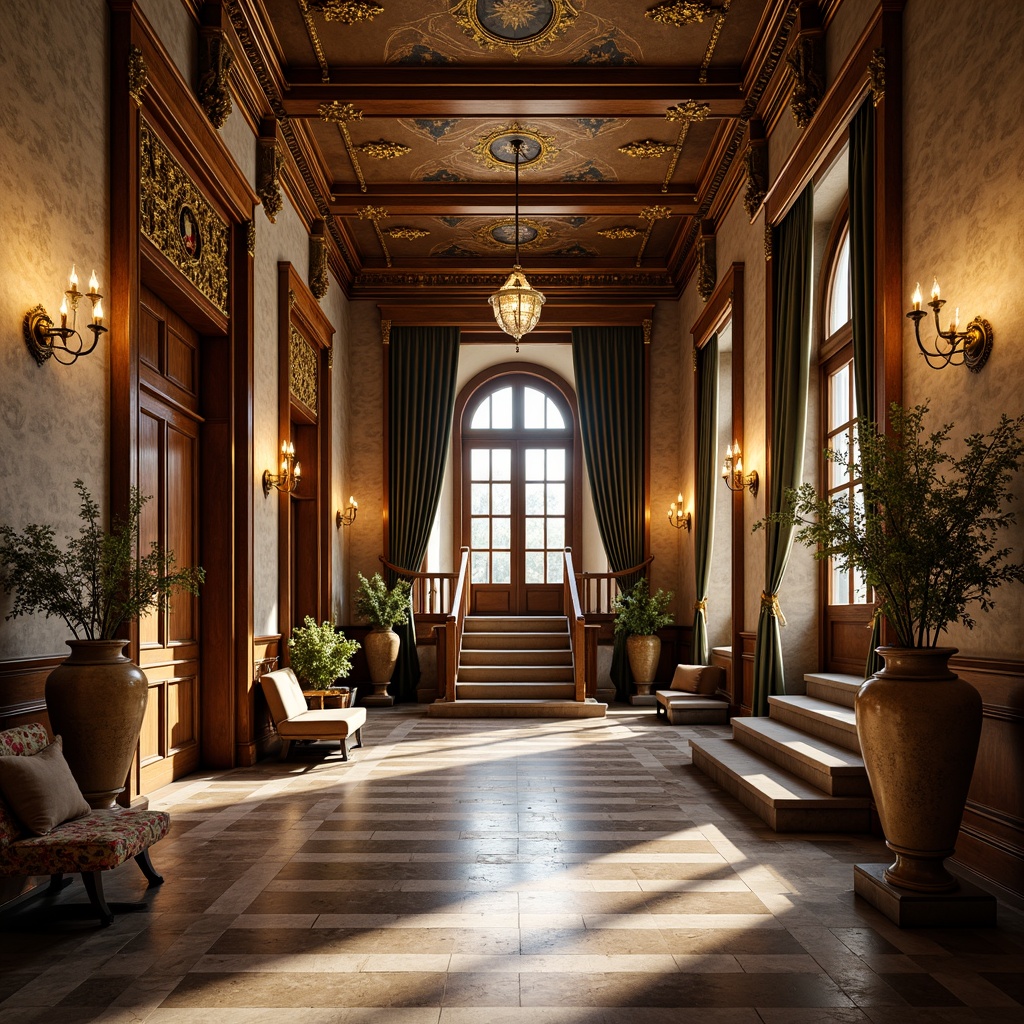 Prompt: Ornate Renaissance palace, luxurious marble floors, polished bronze door handles, intricately carved wooden panels, gilded ceiling ornaments, rustic stone walls, ornamental frescoes, grand staircases, velvet drapes, rich tapestries, crystal chandeliers, warm golden lighting, shallow depth of field, 1/2 composition, symmetrical framing, realistic textures, ambient occlusion.