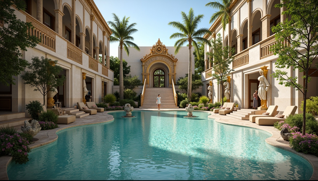 Prompt: Luxurious Baroque pool, ornate stonework, turquoise waters, golden accents, majestic fountains, grand staircases, intricately carved statues, lush greenery, vibrant flowers, warm sunny day, soft natural lighting, subtle misting effects, shallow depth of field, 1/1 composition, realistic textures, ambient occlusion.