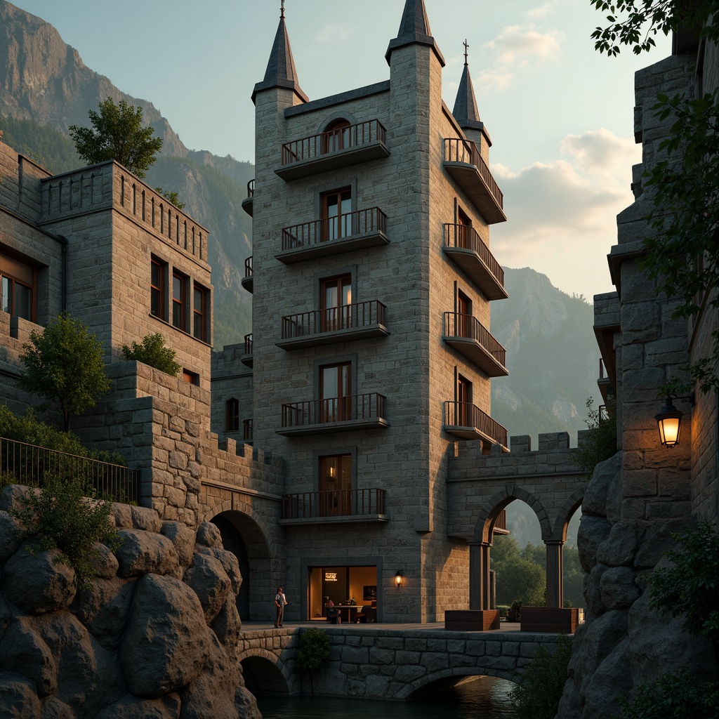 Prompt: Majestic watchtower, rugged stone walls, elevated platforms, fortified battlements, majestic spires, grandiose arches, robust wooden doors, intricate ironwork, lantern-like windows, winding staircases, narrow slit openings, imposing height, dramatic shadows, warm golden lighting, misty atmospheric effects, cinematic composition, high-angle shot, detailed textures, realistic normal maps.