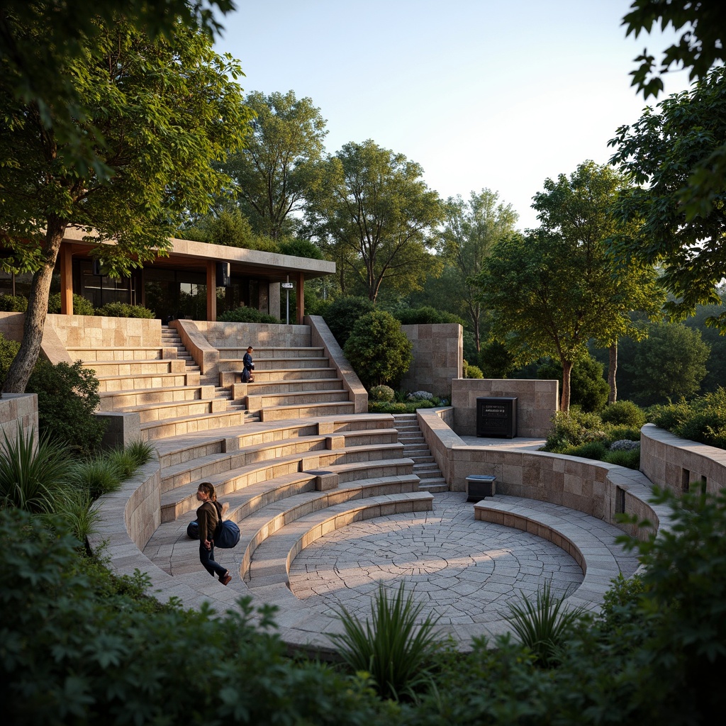 Prompt: Natural stone amphitheater, lush green surroundings, tiered seating areas, wooden benches, acoustic sound systems, suspended speaker arrays, curved lines, symmetrical design, open-air performance space, warm evening lighting, soft focus blur, shallow depth of field, 2/3 composition, natural textures, ambient occlusion.