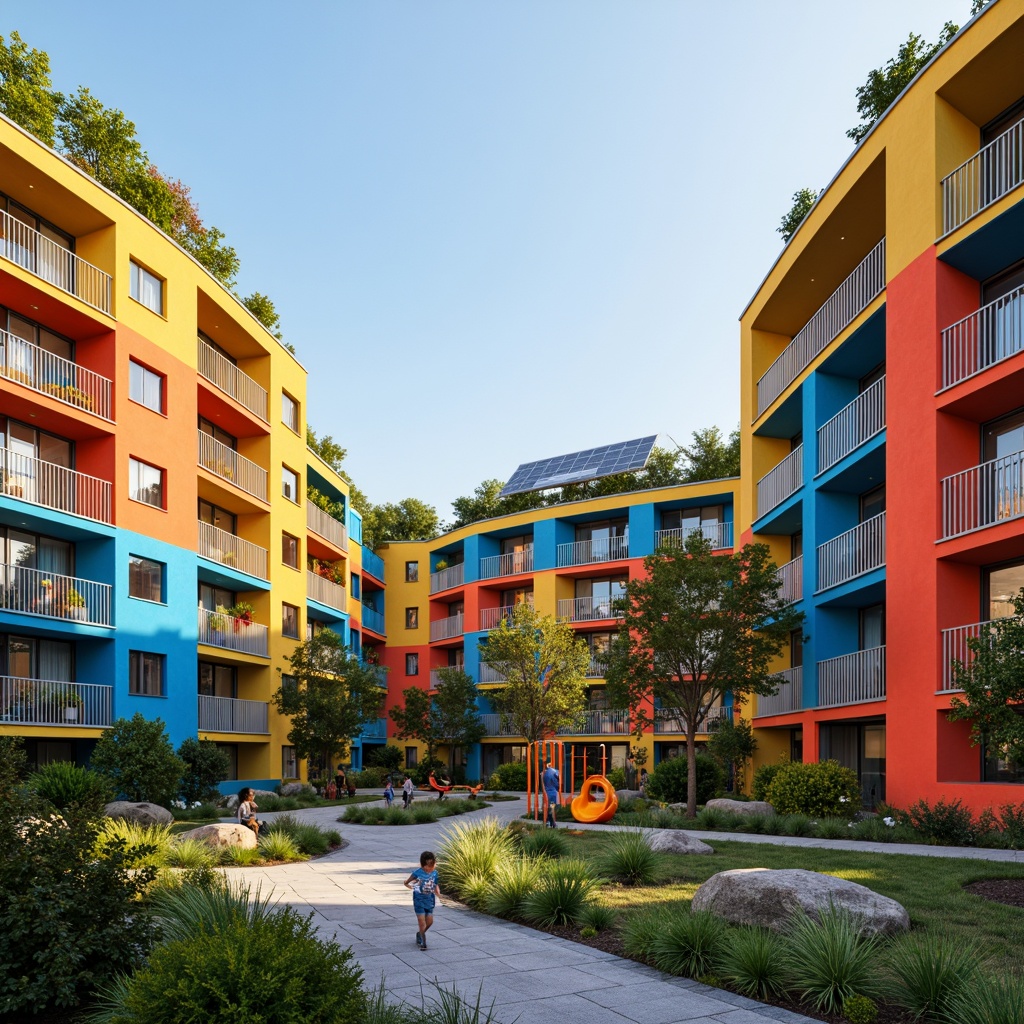 Prompt: Vibrant social housing complex, modern fa\u00e7ade design, bold color schemes, geometric patterns, angular lines, sustainable materials, energy-efficient systems, green roofs, solar panels, vertical gardens, airy balconies, communal outdoor spaces, playground equipment, educational murals, natural stone pathways, minimalist landscaping, warm ambient lighting, shallow depth of field, 3/4 composition, realistic textures, ambient occlusion.