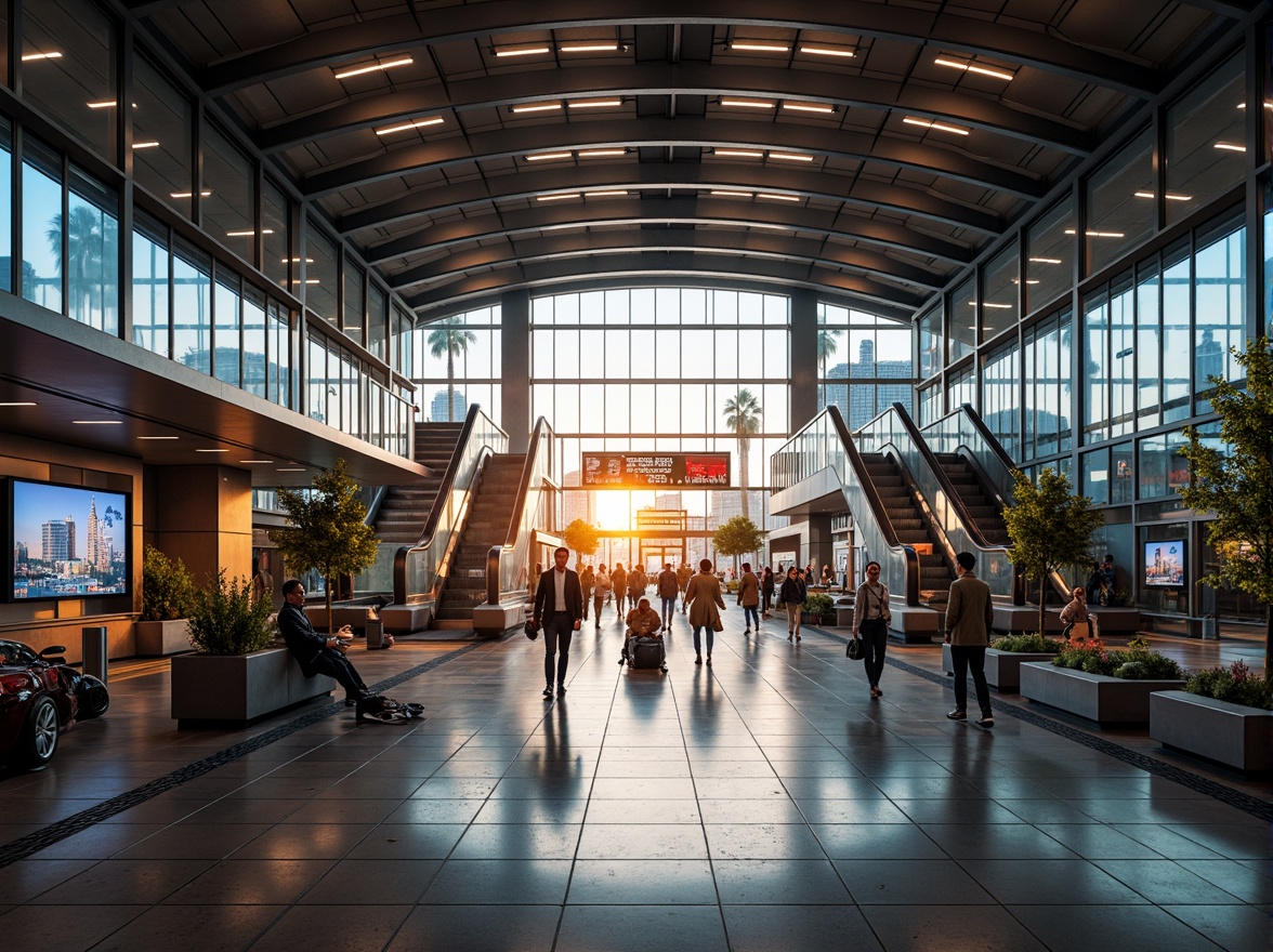 Prompt: Modern train station, sleek metallic architecture, high ceilings, large windows, natural light pouring in, warm ambient lighting, soft shadows, vibrant LED displays, dynamic signage, futuristic escalators, polished marble floors, intricate mosaics, urban cityscape views, busy commuter atmosphere, morning rush hour, golden hour lighting, shallow depth of field, 1/1 composition, symmetrical framing, realistic textures.