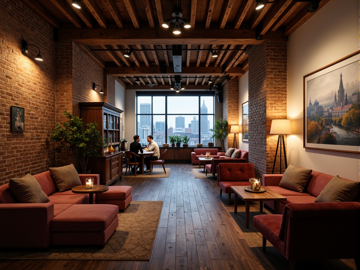 Prompt: Exposed brick walls, wooden beam ceilings, industrial metal pipes, vintage decorative lights, cozy reading nooks, plush velvet sofas, rustic wooden coffee tables, soft warm candlelight, romantic ambient atmosphere, spacious open layout, minimalist chic decor, distressed wood flooring, creamy white walls, oversized windows, cityscape views, gentle natural lighting, 1/1 composition, intimate close-up shots, moody color palette, atmospheric misting.