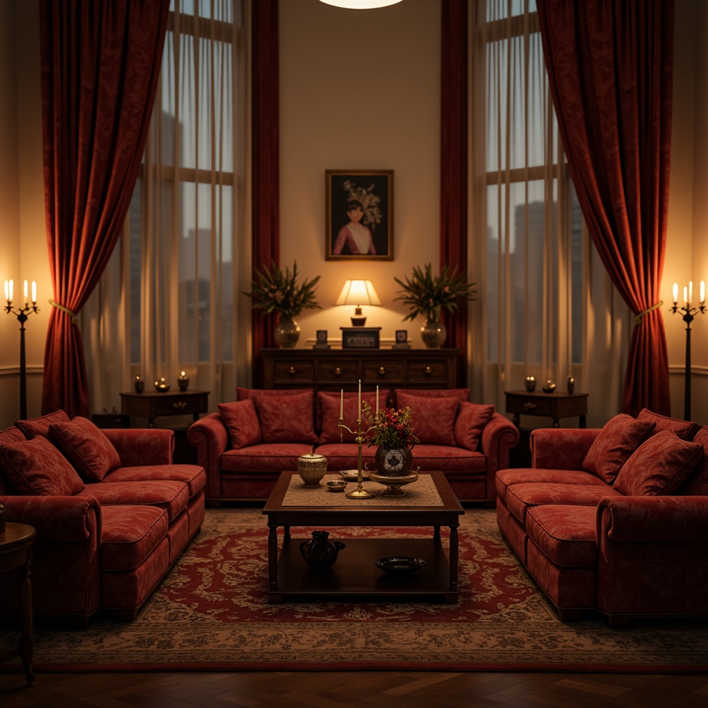 Prompt: Cozy living room, soft warm lighting, plush velvet sofas, ornate wooden furniture, lace curtains, vintage candelabras, fragrant flower bouquets, rich red wine colors, intimate atmosphere, subtle candlelight, shallow depth of field, 1/2 composition, realistic textures, ambient occlusion, luxurious fabrics, intricate patterns, delicate ornaments, warm golden tones.