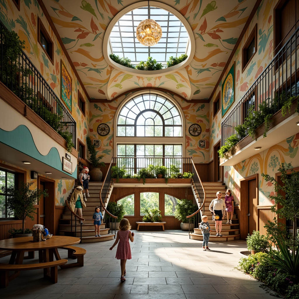 Prompt: Whimsical kindergarten, flowing curvilinear forms, ornate ironwork, vibrant colorful murals, playful sculptures, winding staircases, rounded archways, stained glass windows, lush greenery, floral patterns, natural wood accents, soft warm lighting, shallow depth of field, 1/1 composition, intimate close-up shots, realistic textures, ambient occlusion.