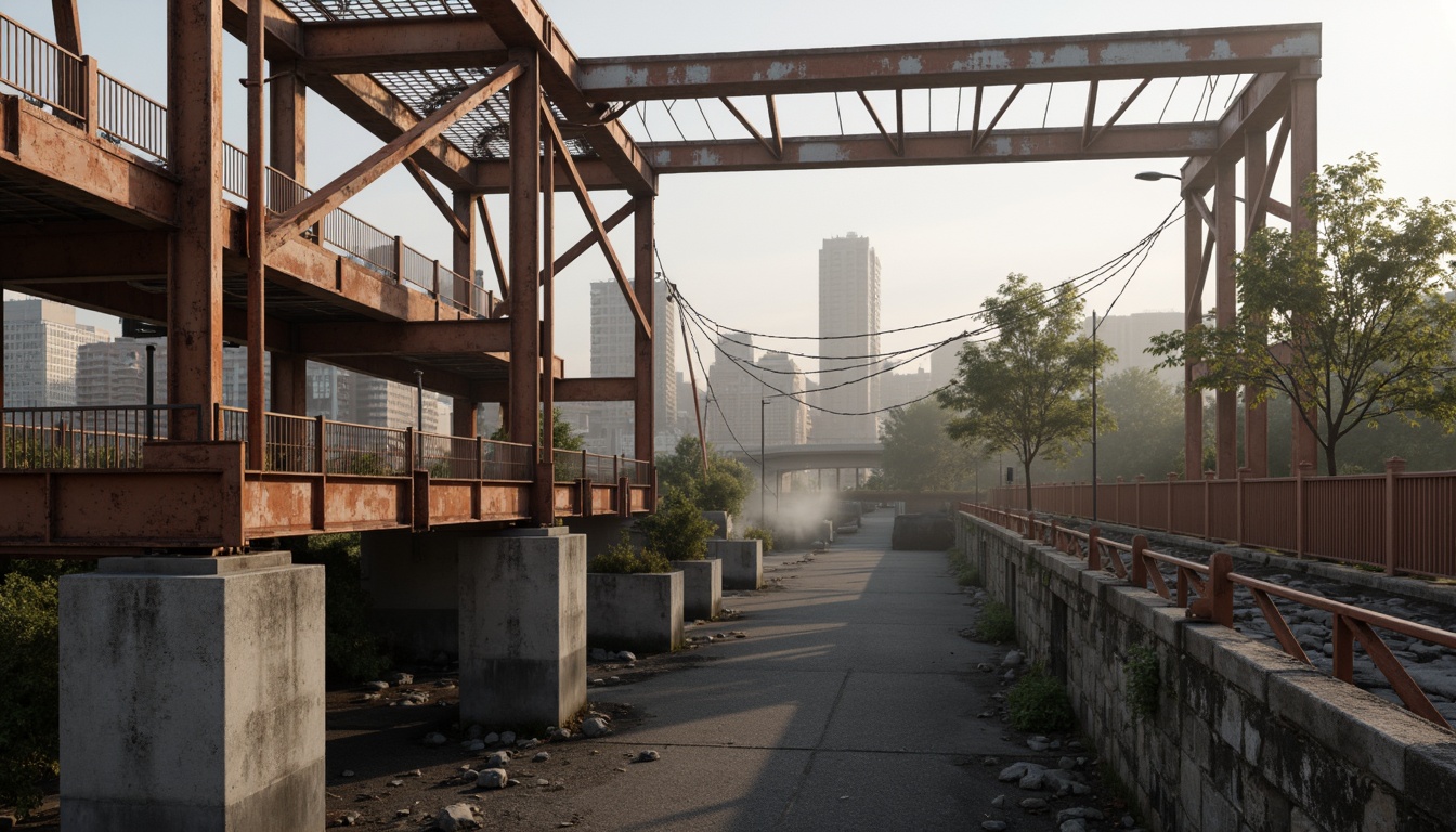 Prompt: Weathered steel beams, rusty metal railings, poured concrete foundations, rough stone abutments, suspended cables, crisscrossing support systems, arched structural elements, modern suspension design, urban cityscape, misty morning atmosphere, soft warm lighting, shallow depth of field, 3/4 composition, realistic textures, ambient occlusion.