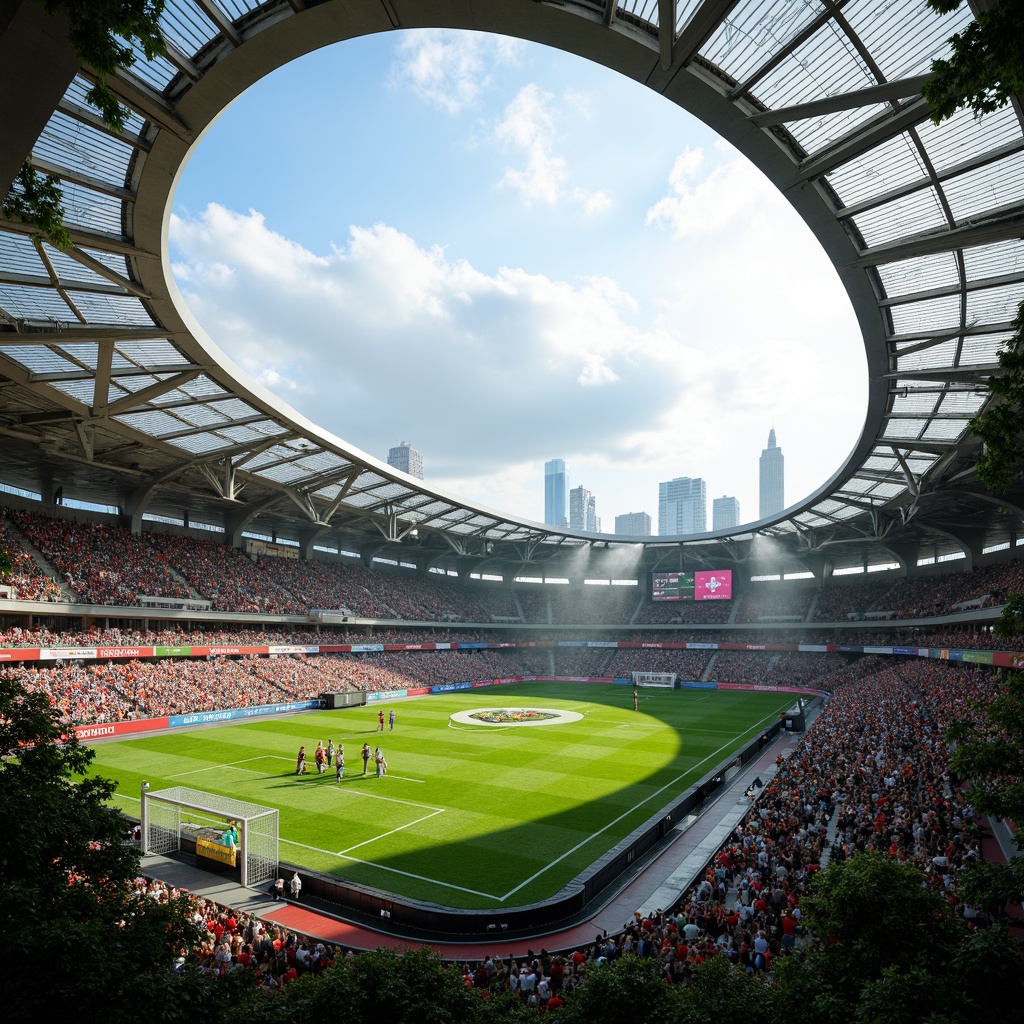 Prompt: Futuristic soccer stadium, curved dynamic rooflines, translucent canopy, sleek metal beams, vibrant team colors, retractable roofing system, natural ventilation, cantilevered upper tiers, dramatic LED lighting, atmospheric misting systems, lush greenery, urban skyline views, bustling crowd atmosphere, sunny day, soft warm lighting, shallow depth of field, 3/4 composition, panoramic view, realistic textures, ambient occlusion.