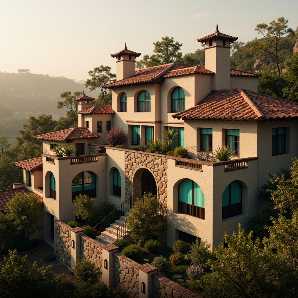 Prompt: Romanesque cinema homes, curved terracotta rooftops, ornate chimney tops, rustic stone walls, arched windows, vibrant turquoise shutters, intricate stonework patterns, warm golden lighting, soft misty atmosphere, cinematic camera angles, low-angle shots, 1/2 composition, dramatic shading, high-contrast textures, ambient occlusion.