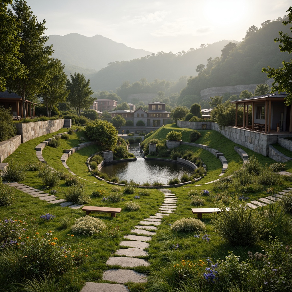 Prompt: Natural amphitheater setting, gentle slopes, lush green grass, blooming wildflowers, meandering stone pathways, curved seating areas, wooden benches, rustic railings, scenic overlooks, panoramic views, misty morning atmosphere, soft warm lighting, shallow depth of field, 1/2 composition, realistic textures, ambient occlusion, harmonious color palette, earthy tones, serene ambiance, organic shapes, flowing curves, natural stone walls, wooden accents, water features, small ponds, gentle streams.