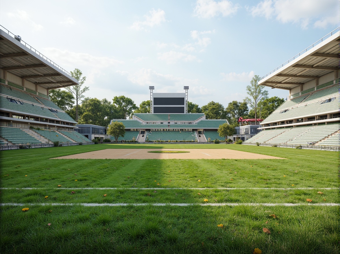 Prompt: Eco-friendly sports stadium, recycled rubber tracks, natural grass turf, LED floodlights, solar-powered scoreboards, rainwater harvesting systems, organic fertilizer applications, permeable pavers, reclaimed wood bleachers, low-carbon concrete structures, wind turbine electricity generation, green roofs with native plant species, bio-based polymer fencing, repurposed shipping container buildings, minimalist steel frames, translucent polycarbonate walls, soft natural lighting, shallow depth of field, 1/2 composition, realistic textures, ambient occlusion.