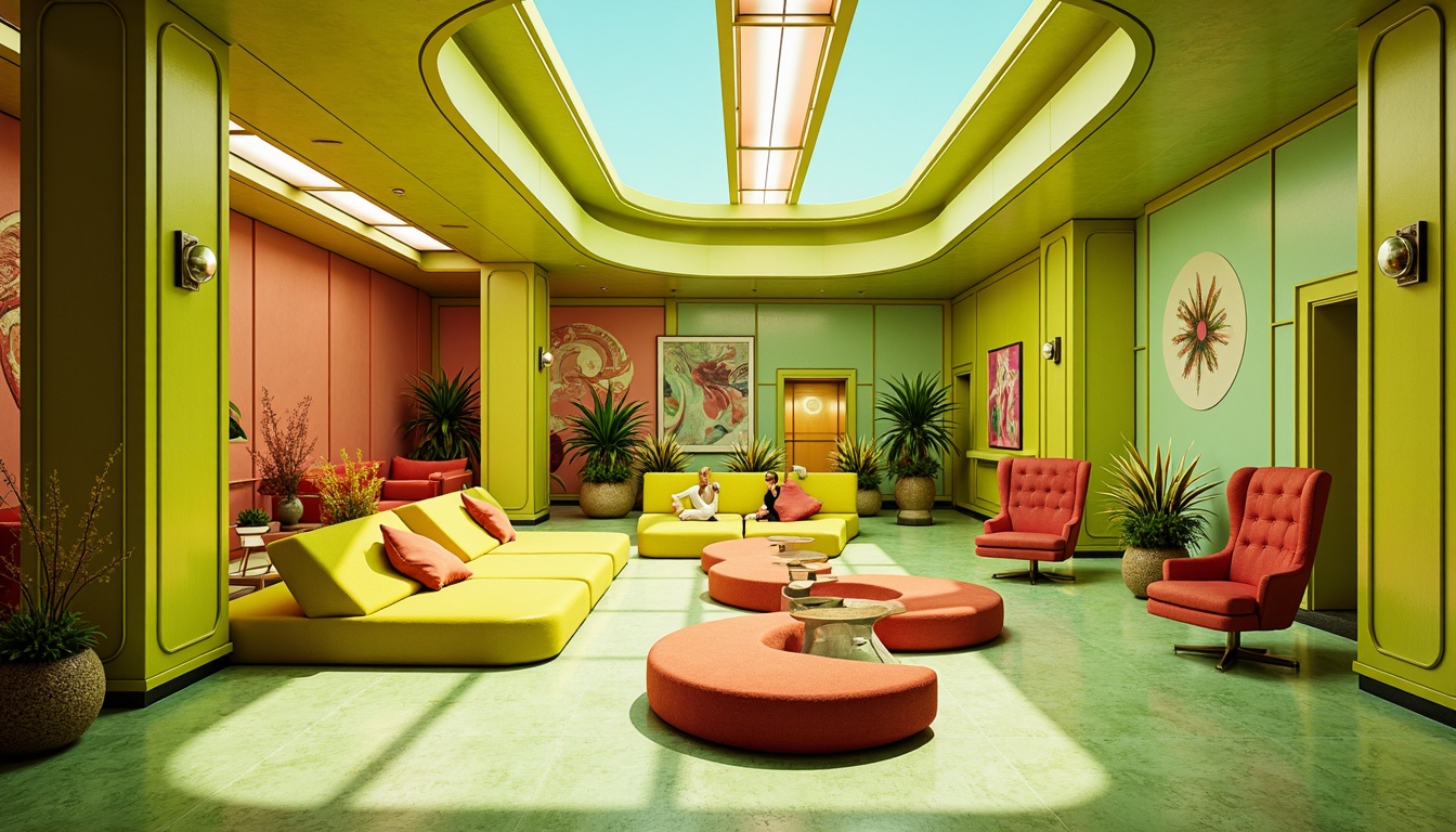 Prompt: Vibrant lime green accents, pastel yellow hues, soft mint tones, bold coral shades, eclectic art deco patterns, ornate metal fixtures, luxurious velvet textiles, sleek low-poly furniture, futuristic neon lighting, abstract geometric shapes, psychedelic swirls, retro-futuristic atmosphere, warm sunny day, shallow depth of field, 1/1 composition, cinematic color grading, stylized reflective surfaces.