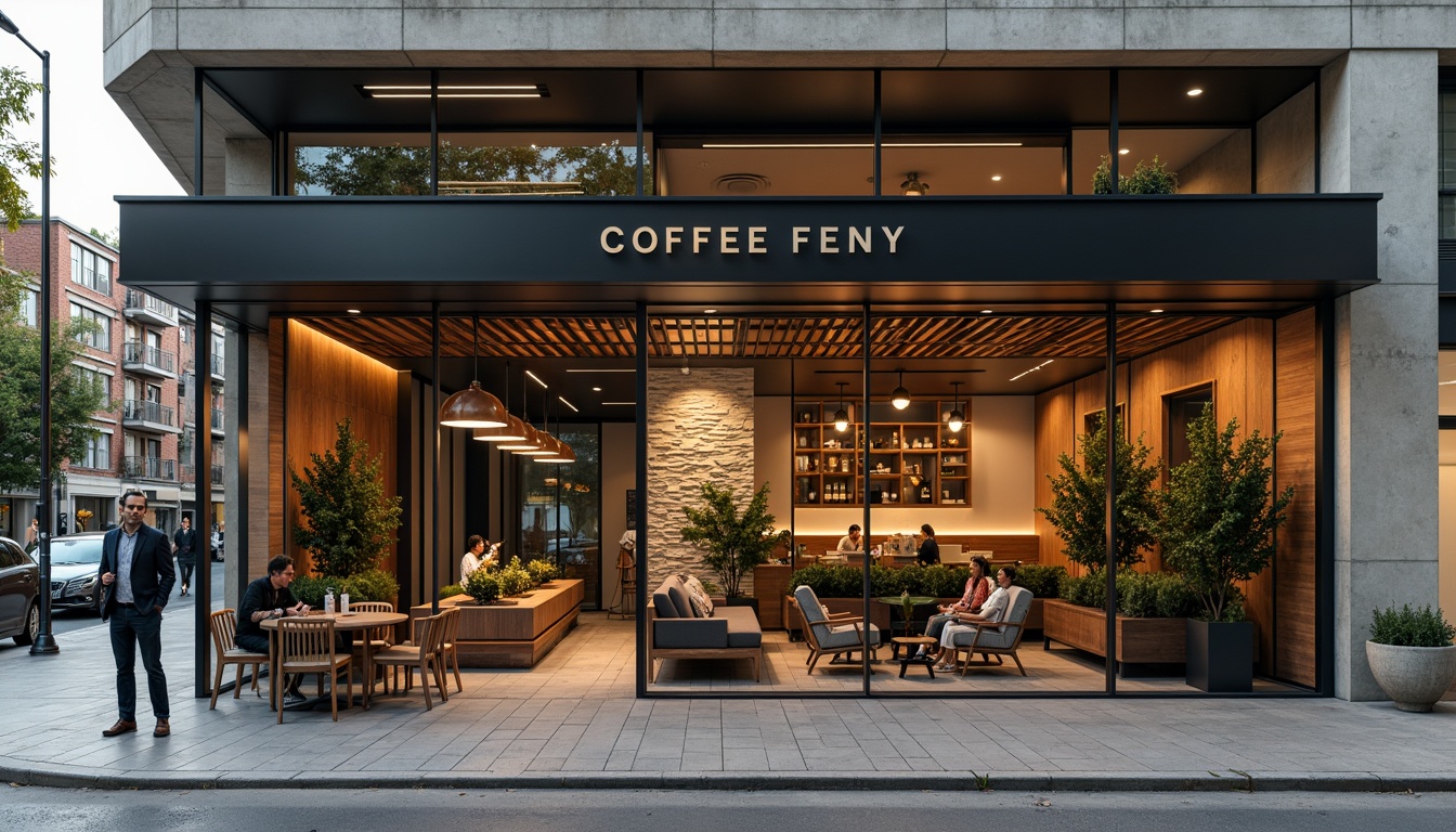 Prompt: Minimalist coffee shop facade, large glass windows, industrial metal frames, reclaimed wood accents, modern signage, geometric patterns, urban cityscape, busy street scene, morning sunlight, soft warm lighting, shallow depth of field, 3/4 composition, panoramic view, realistic textures, ambient occlusion, copper-toned metal cladding, sleek lines, Scandinavian-inspired furniture, lush green walls, natural stone flooring, cozy outdoor seating areas, pendant lamps, industrial-chic decor.