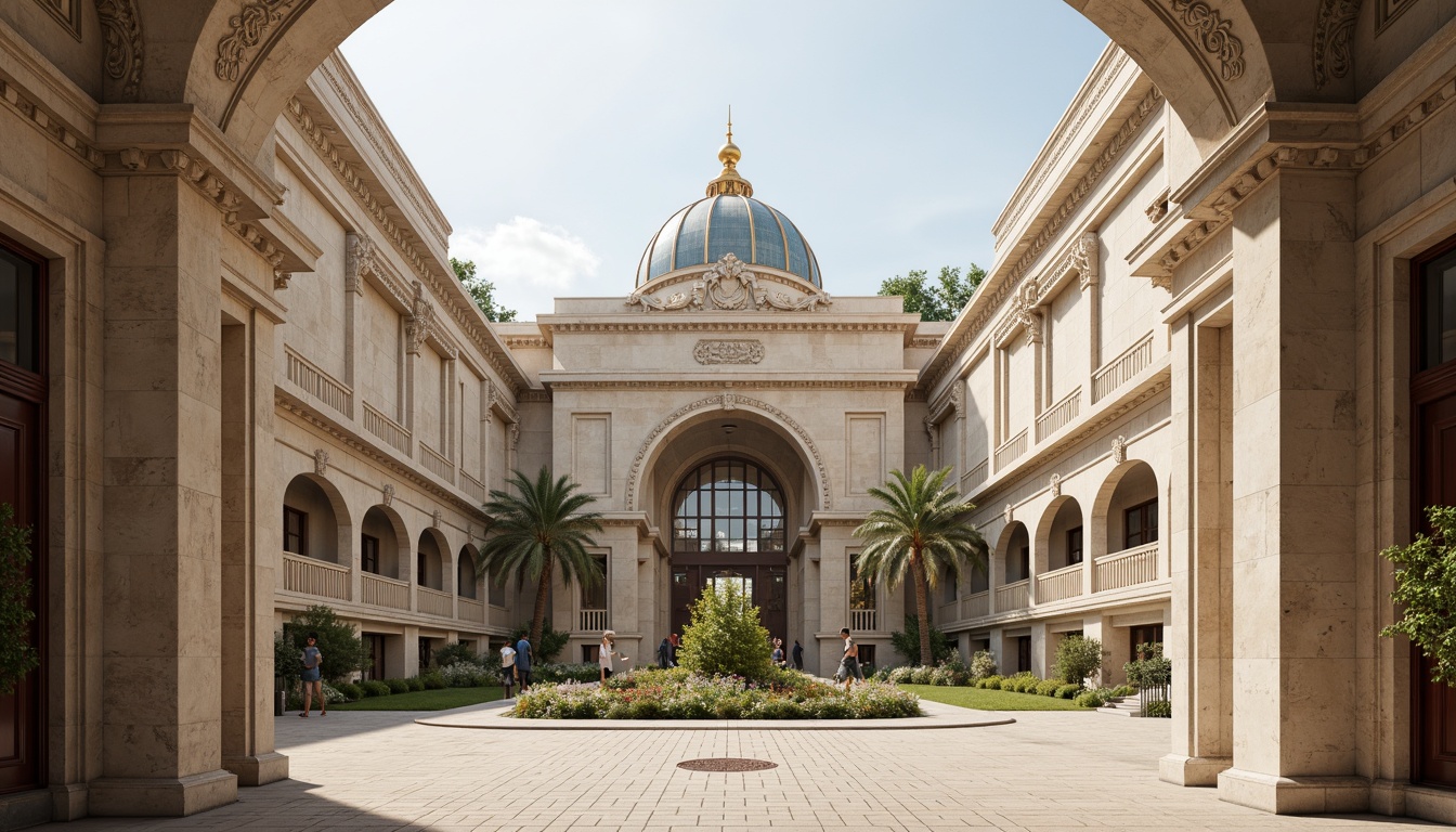 Prompt: Grand hospital entrance, ornate columns, carved stone facades, symmetrical architecture, majestic dome roofs, elegant archways, intricate moldings, ornamental cornices, soft natural lighting, warm beige tones, subtle texture details, realistic material rendering, shallow depth of field, 1/1 composition, atmospheric perspective, subtle color grading, ambient occlusion.