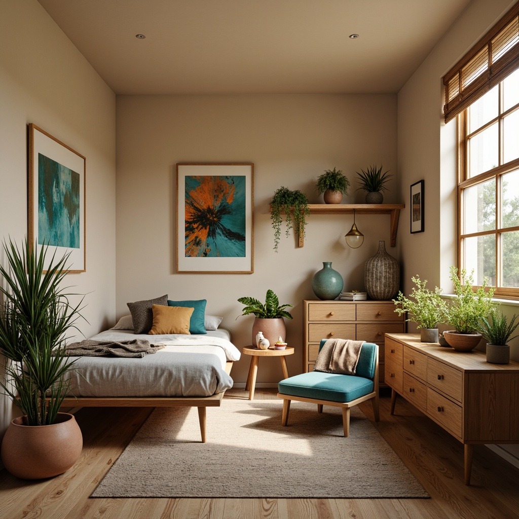 Prompt: Cozy dorm room, warm beige walls, soft gray bedding, rich wood furniture, vibrant turquoise accents, calming greenery, natural textiles, earthy terracotta pots, modern minimalist decor, warm task lighting, softbox shadows, shallow depth of field, 1/2 composition, realistic textures, ambient occlusion.