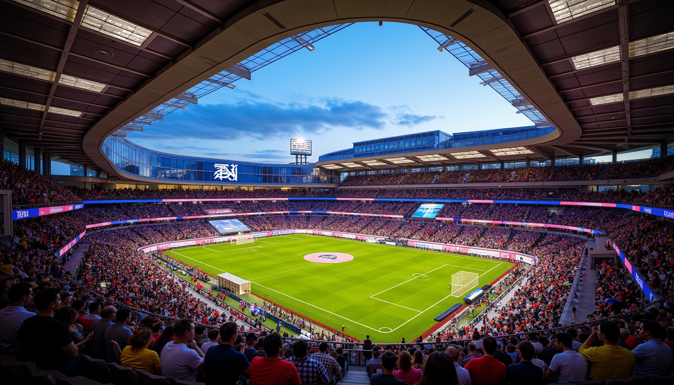 Prompt: Vibrant stadium interior, bold color scheme, dynamic seating arrangement, energetic crowd atmosphere, sleek modern architecture, retractable roof, natural light infiltration, advanced LED lighting system, high-contrast scoreboards, vibrant branding elements, abstract geometric patterns, futuristic materials, urban cityscape backdrop, dramatic evening ambiance, cinematic wide-angle shots, shallow depth of field, 2/3 composition, symmetrical framing.