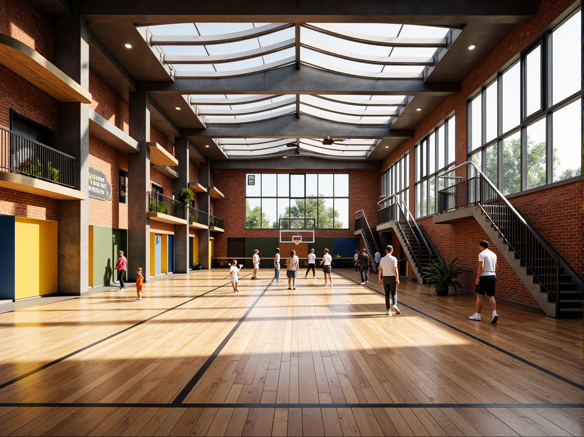 Prompt: Vibrant gymnasium interior, eclectic architectural style, exposed brick walls, polished wooden floors, large windows, clerestory rooflights, natural diffused lighting, warm color scheme, suspended sports equipment, modern fitness machines, dynamic metal staircases, industrial-inspired railings, motivational quotes, athletic track lines, basketball hoops, volleyball nets, ambient shadows, soft focus, 1/2 composition, realistic textures.