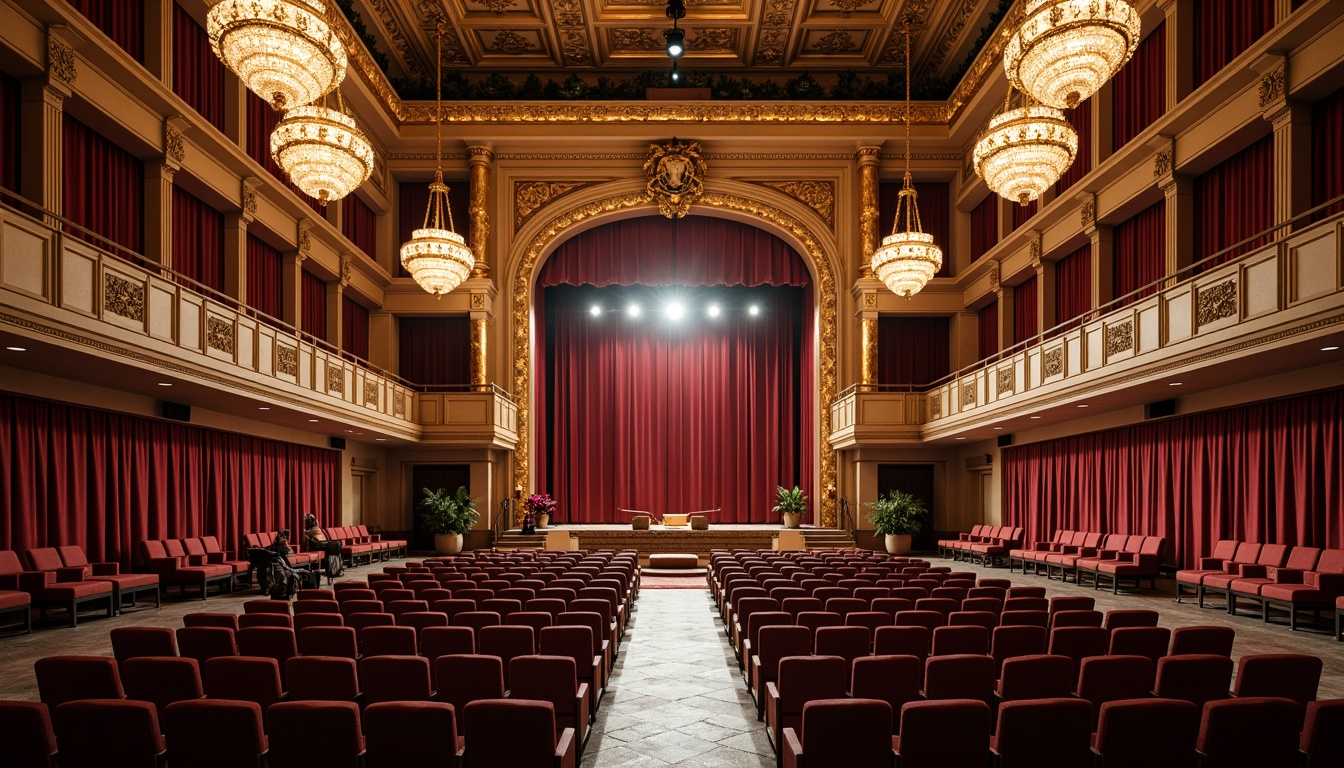 Prompt: Elegant auditorium interior, tiered seating arrangement, grandiose chandeliers, wooden acoustic panels, plush red velvet curtains, ornate golden railings, majestic high ceilings, sophisticated sound systems, central performance stage, circular or rectangular floor plan, natural stone flooring, comfortable audience seating, optimal sightlines, dramatic spot lighting, 3/4 composition, shallow depth of field, realistic textures, ambient occlusion.