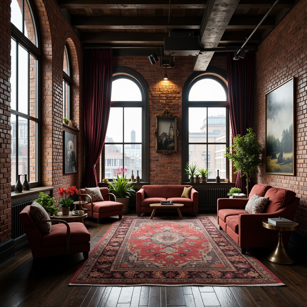 Prompt: Exposed brick walls, reclaimed wood accents, metal beams, distressed finishes, vintage decorative items, plush area rugs, soft warm lighting, cozy reading nooks, oversized windows, cityscape views, industrial chic atmosphere, eclectic mix of antique and modern furniture, rich jewel-toned color palette, ornate metalwork details, luxurious velvet fabrics, dramatic floor-to-ceiling drapes, rustic wooden floors, intimate seating areas, atmospheric smoke effects, cinematic warm color grading, 1/1 composition, shallow depth of field.