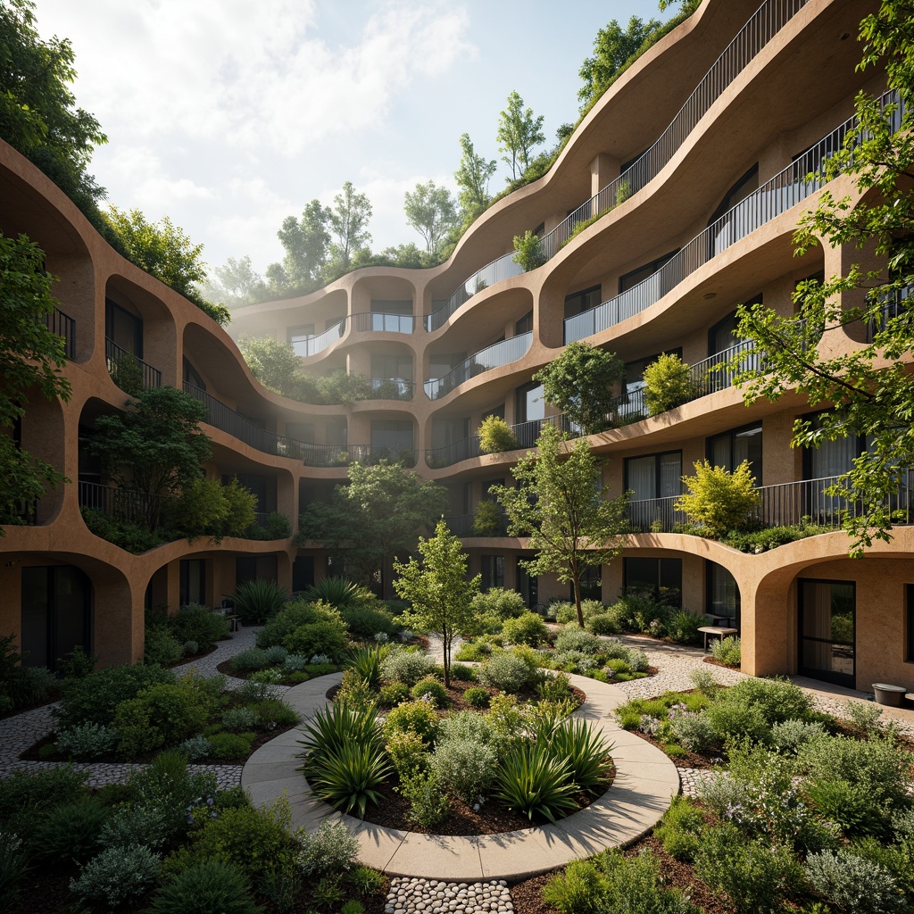 Prompt: Organic curves, leaf-inspired facades, botanical gardens, natural stone walls, reclaimed wood accents, earthy color palette, biomimetic architecture, fluid shapes, green roofs, living walls, urban forestry, misty morning light, soft focus, 3/4 composition, warm ambient lighting, shallow depth of field.