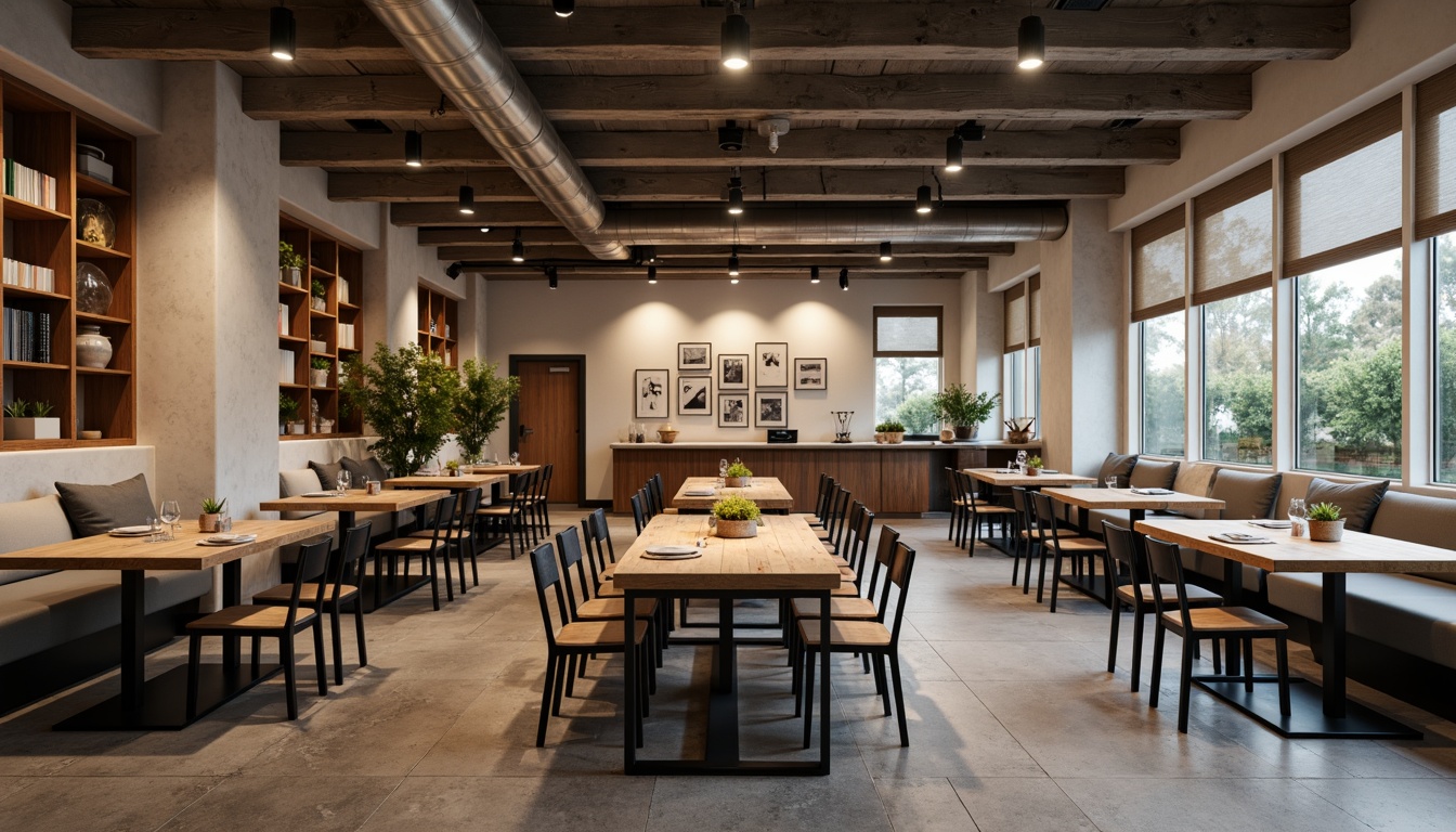 Prompt: Rustic wooden tables, industrial metal chairs, minimalist decor, monochromatic color scheme, natural stone flooring, exposed concrete ceilings, functional lighting fixtures, geometric patterns, rectangular shapes, bold typography, earthy tones, warm ambient lighting, soft focus, shallow depth of field, 1/1 composition, realistic textures, subtle shadowing.