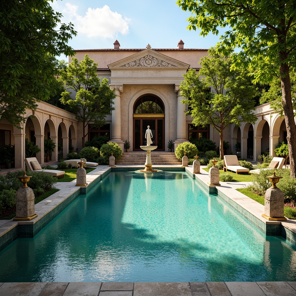 Prompt: Opulent Baroque pool, lavish mosaic tiles, rich turquoise water, ornate stone carvings, golden accents, majestic fountains, lush greenery surroundings, warm sunny day, soft natural lighting, shallow depth of field, 1/2 composition, realistic reflections, ambient occlusion.