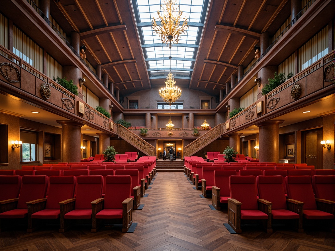 Prompt: Grand auditorium, high ceiling, ornate chandeliers, plush red seats, polished wooden floors, curved balconies, dramatic spotlights, soft warm lighting, natural daylight pouring in, large windows, clerestory windows, diffused light, 1/2 composition, shallow depth of field, realistic textures, ambient occlusion, vibrant colors, intricate architectural details.